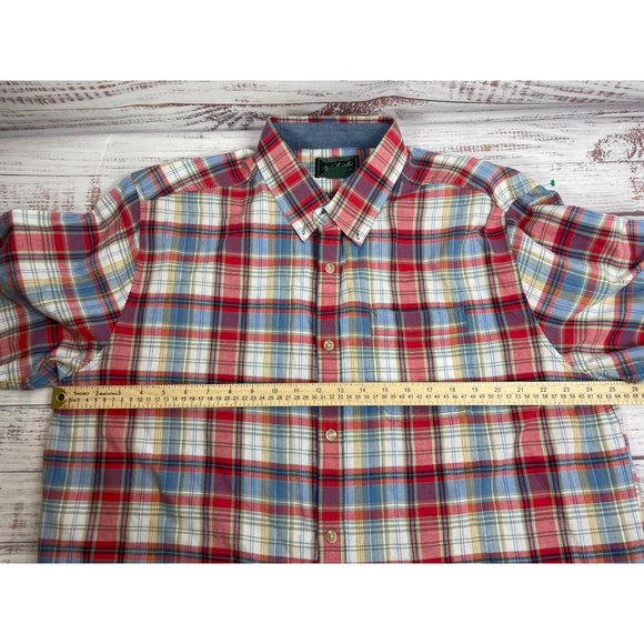 Mens WOOLRICH Red Blue Gold Plaid Short Sleeve Button Down Shirt sz XL - Picture 8 of 9